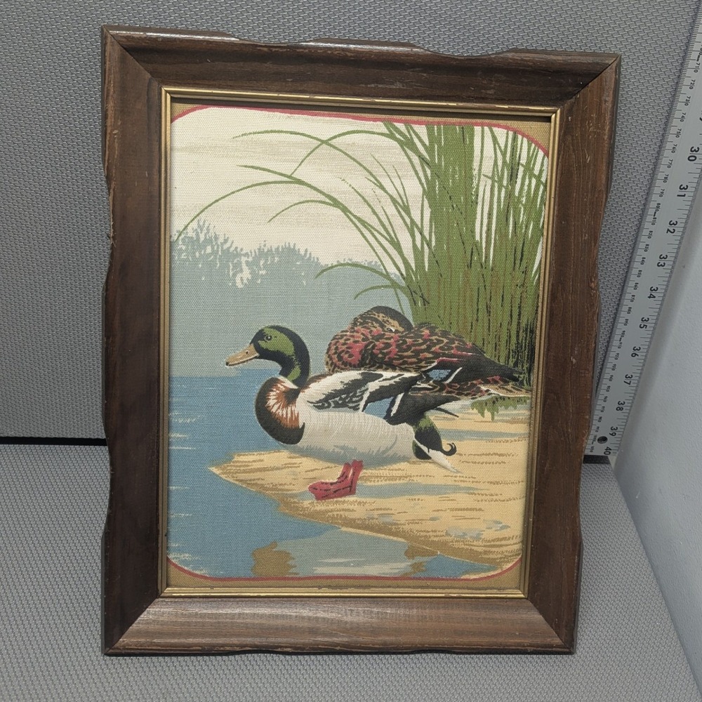 Vintage Mallard Duck Woven Art Framed Scalloped Wood Cabin Decor 14 x 11"
